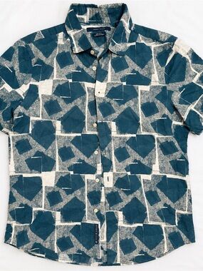 Perry Ellis Mens Large Abstract Geometric Shirt Teal Short Sleeve Button Up L